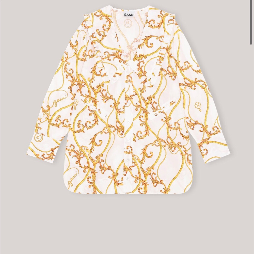 PRINTED COTTON POPLIN V-NECK FRILL COLLAR WIDE SHIRT, GANNI. Size 36/medium